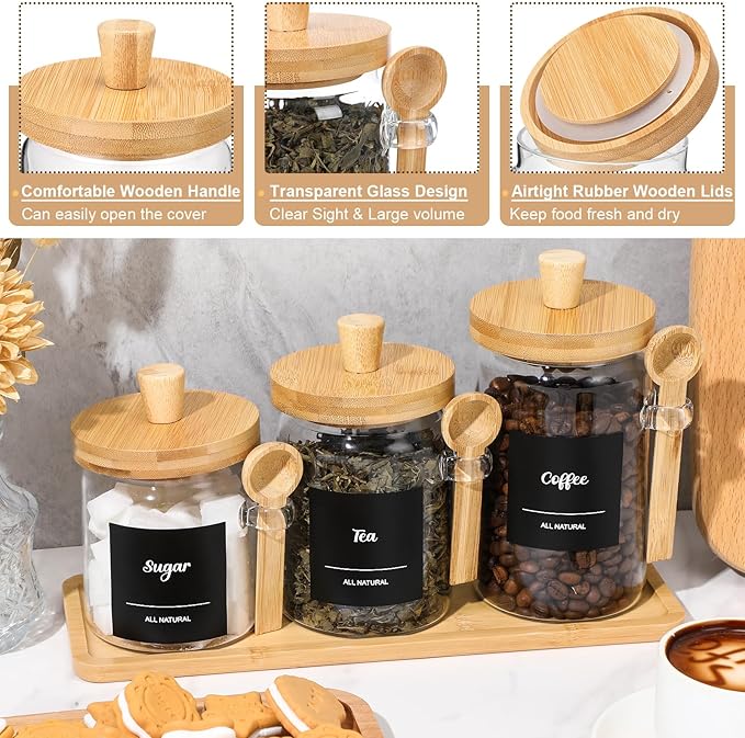 Suclain 3 Pcs Glass Coffee Container with Wooden Lid Spoon Shelf Labels Clear Airtight Jar Food Storage Canister Set for Sugar Spice Coffee Bean Holder Housewarming Gift(13.5,20,25 oz,Natural Bamboo)