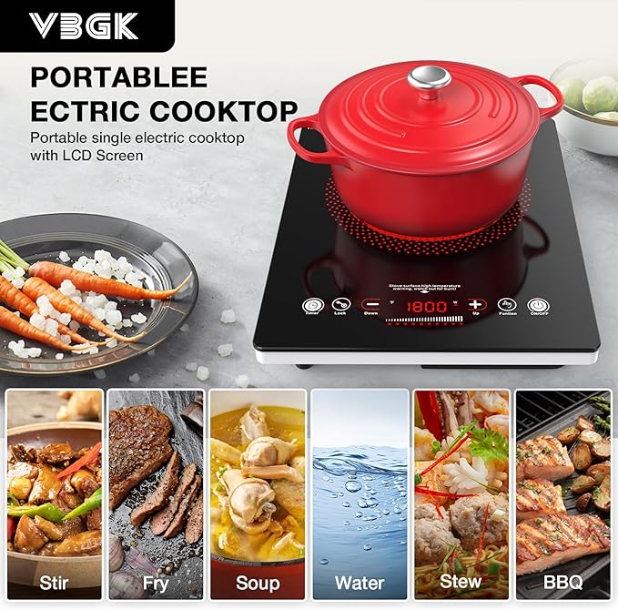 VBGK Single Burner Electric Cooktop,110V 1800W Electric Stove Top with LED Touch Control,Single electric burner 9 Power Levels, 4 hTimer, Safety Lock,Overheat protection