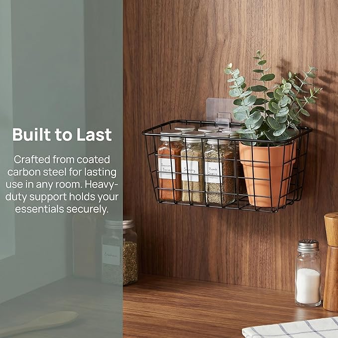 2 Set Adhesive Hanging Wall Basket Inside Cabinet Door Organizer,Wall Storage Basket-No Drilling Adhesive wall Basket for Cupboard Door,Space-Saving Small Hanging Baskets for Wall Mount Storage,Black