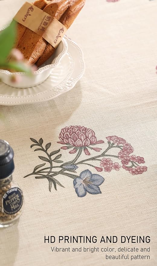 ISAENNE Designer Linen Light Beige Extra Long Table Cloth Rectangle,French Colorful Floral Tablecloth,Stain Resistant Decor Tablecloths for Dining Thanksgiving Kitchen,63"*110"-Helena E