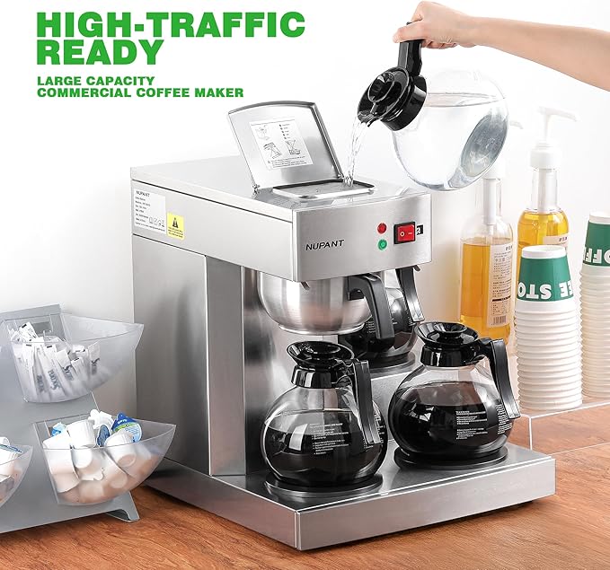NUPANT 12 Cup Commercial Coffee Maker,Drip Coffee Maker Machine with 3 Warmers Plate and 3 Glass Decanters, Stainless Steel Pour Over Commercial Coffee Brewer for Restaurant, Office, Cafe Use