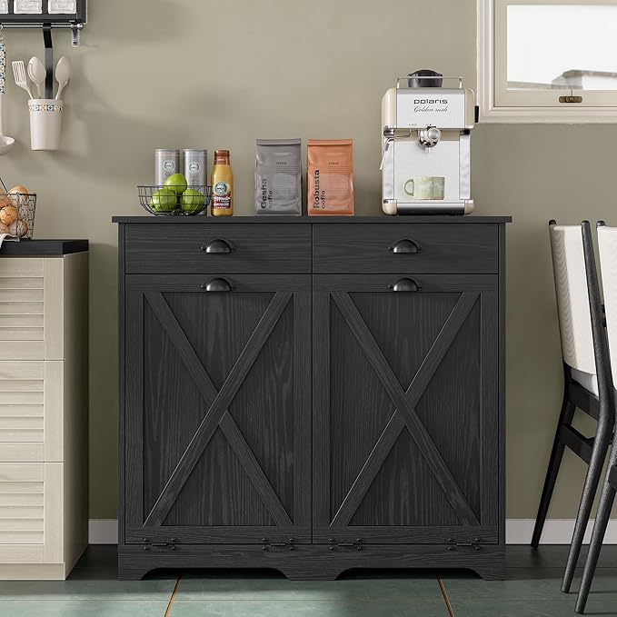 Furniouse Farmhouse Trash Can Cabinet, Double Tilt Out Trash Bin Cabinet with Barn Doors & Hideaway Drawers for Kitchen, All Black