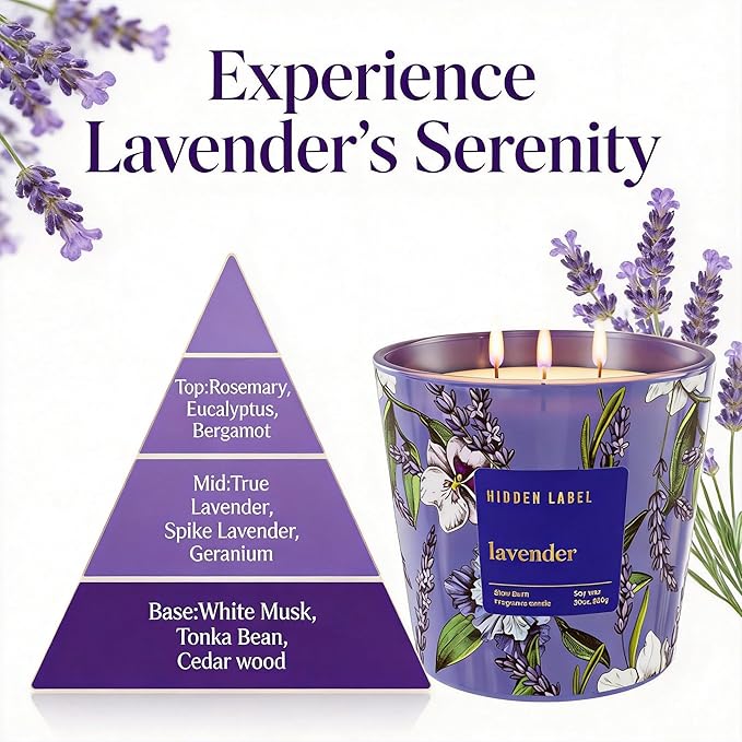 Extra Large Lavender Scented Candle, 30oz,3 Wick Natural Soy Wax Candle for Home, 100 Hours Long Lasting Clean Burn, Essential Oil Aromatherapy for Stress Relief, Sleep & SPA, Large Jar Candle Gift