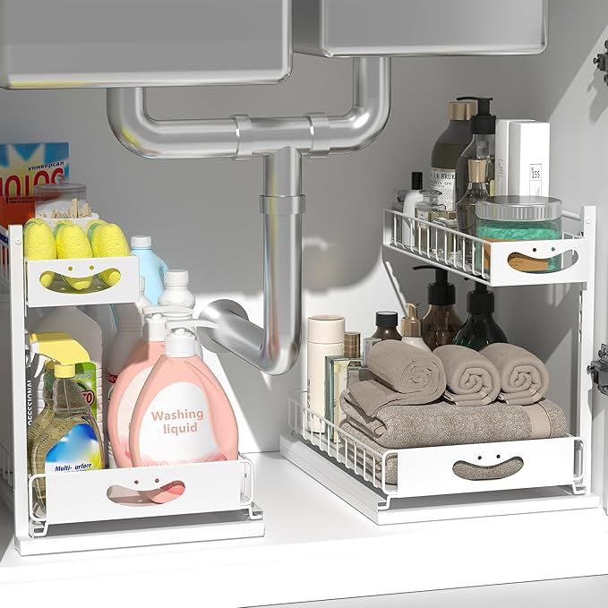 Under Sink Organizer with Pull-Out Drawers,Kitchen Sink Organizer,2 Tier Bathroom Organizers And Storage,Bathroom Accessories Set,White 2 Pack