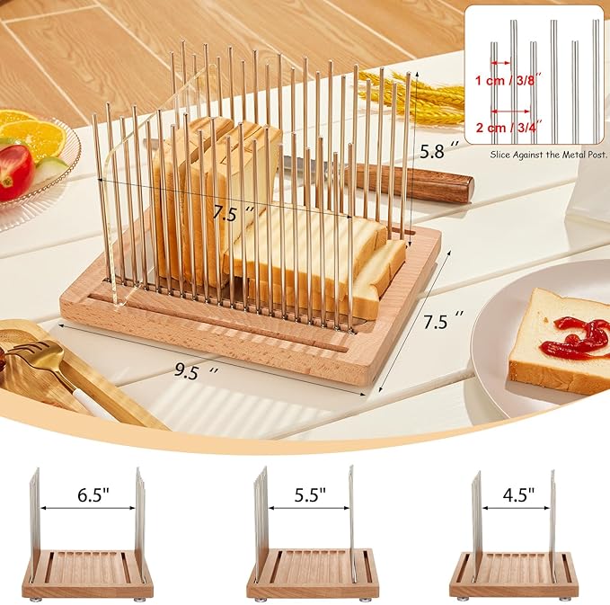 Bread Slicer, Stainless Steel Bread Slicer for Homemade Bread,Adjustable Bread Slicing Guide with Beechwood Bread Cutting Board for Loaf,Bagels & Baguette, Durable and Stable Wooden Structure