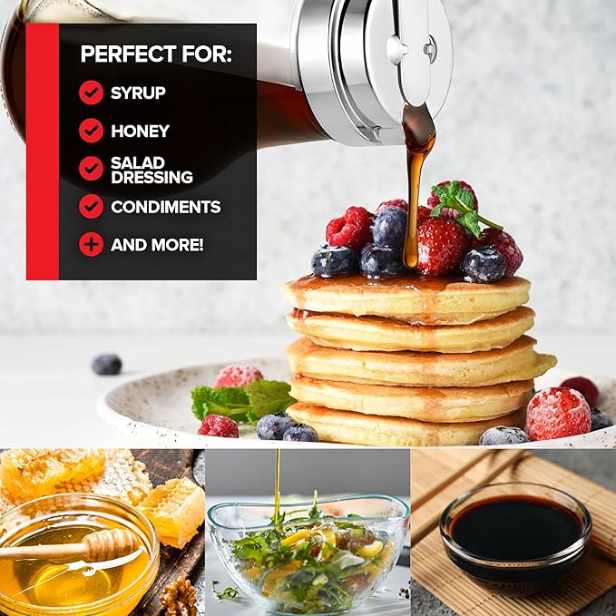 14 oz Glass Syrup Dispenser With No Drip Bottle for Maple Syrup, Honey, Pancake Mix, or Sugar - Dishwasher Safe Container With Metal Easy Pour Lid (414mL)