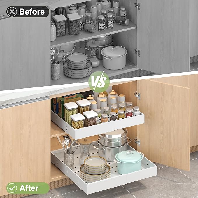 2-Pack-Expandable-Pull-Out-Cabinet-Organizers For Kitchen, Adjustable Slide Out No Drill Adhesive Drawers With Raising Pad For Framed Cabinet, Heavy Duty Sliding Roll Out Shelves Inside Cabinet