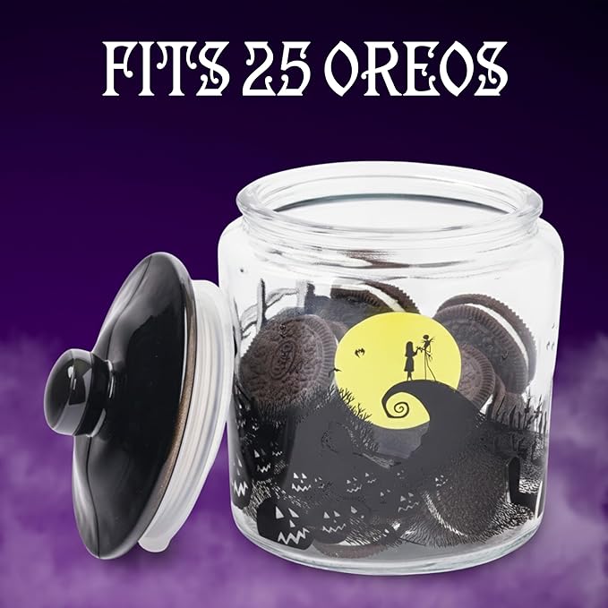 Silver Buffalo Disney Tim Burton Nightmare Before Christmas Moon Hill Graveyard Scene Jack Skellington and Sally Glass Cookie Snack Candy Jar with Lid (Small)
