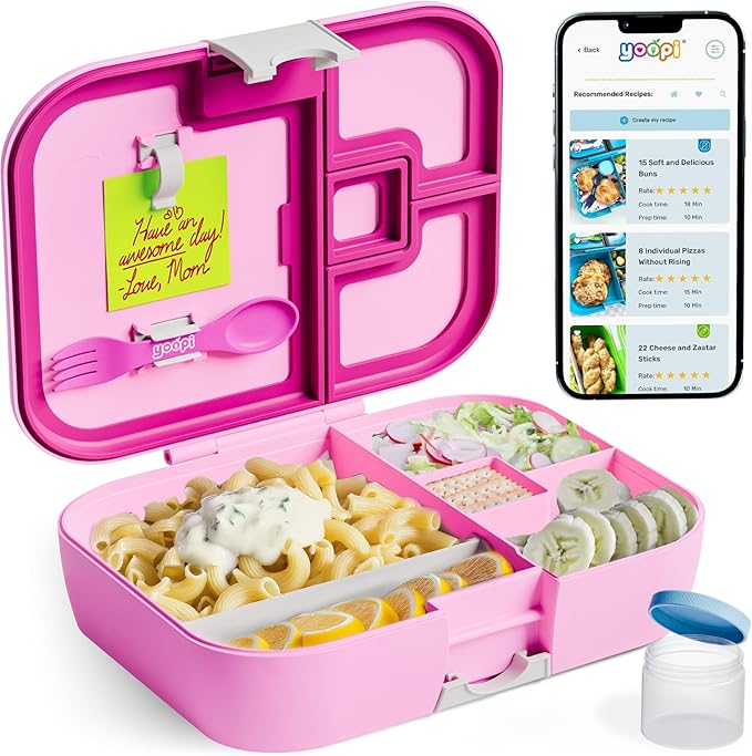 YOOPI Lunch Boxes for Kids – Toddler Bento Box with 4 Compartment Food Container, Lunch Box for School, Leakproof Lunchbox Containers, Sandwich Box, Lightweight Snack Box, Durable,Easy Open (Pink)