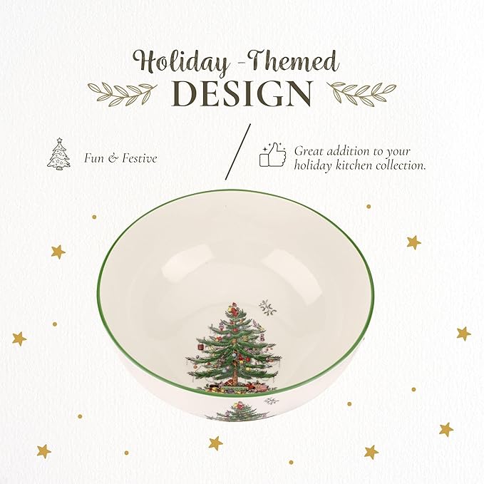 Spode Christmas Tree Large Round Bowl - 10-Inch Porcelain Serving Dish for Salad, Pasta & Side Dishes - Iconic Holiday Design with Green Trim, Dishwasher, Microwave Safe - Festive Gatherings