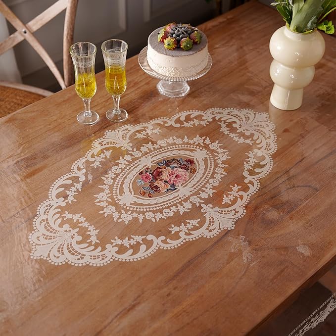 Waterproof Clear Table Cover Protector, Vinyl Rectangle Table Cloth with Lace Pattern Oil Spill Proof Wipe Clean Plastic Tablecloths for Dining Tables (French Lace, 52 x 70 Inches)
