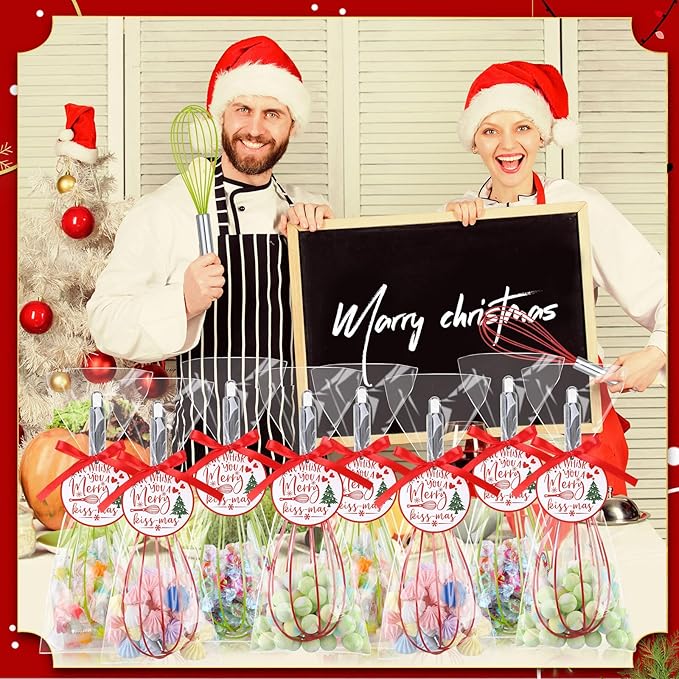 24 Sets 12 Inch Christmas Whisks Gifts DIY Fillable Christmas Tree Ornaments Xmas Colored Silicone Whisks for Cooking Heat Resistant Egg Beaters with Card Rope Bag for Candy Holder