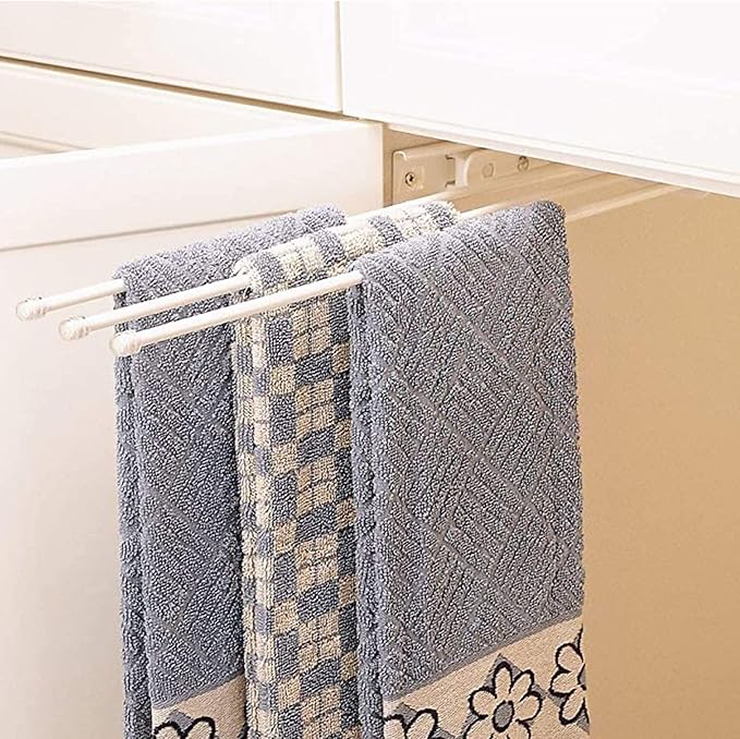 Rev-A-Shelf Under Sink Hand Towel Holder for Kitchen and Bathroom Cabinets, Pullout Extension Three Prong Wire Dish Rag Rack Hanger, White, 563-47