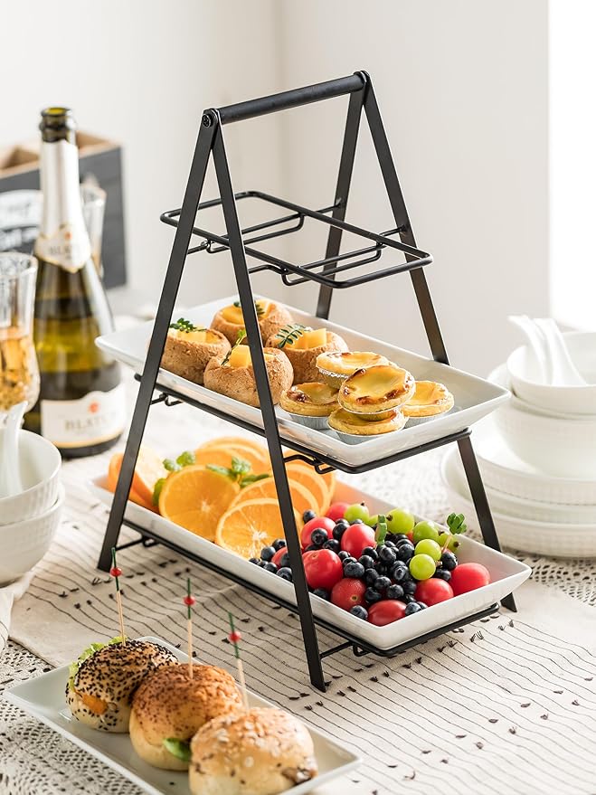 YHOSSEUN 3 Tier Serving Tray Tiered Tray Stand, Ceramic Serving Platters and Trays with Metal Rack, 10+12+14 Inch Large Serving Trays for Party 3 Tier Serving Stand Dessert Display Set, Black
