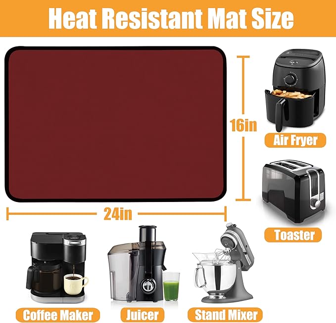 Heat Resistant Mat for Air Fryer,Deep Fryer,Oven,16x24in Hot Pads for Kitchen Counter Heat Protector,Under Coffee Maker Mats for Quartz Countertop Protector,Deep Fryer Coffee Machine Accessories（Red）