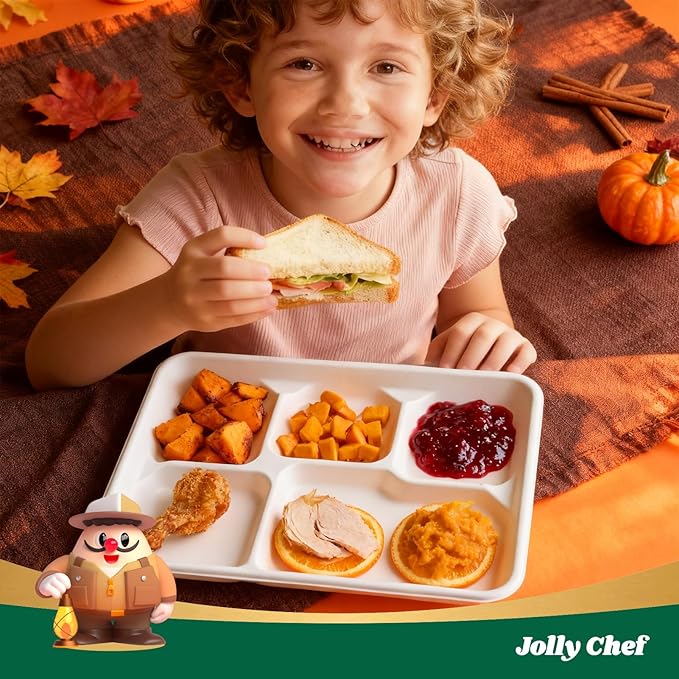 JOLLY CHEF Compostable 𝟱 Compartment Paper Plates 10*8.25*1 𝗶𝗻𝗰𝗵 [𝟱𝟬𝟬 𝗣𝗮𝗰𝗸] Small Heavy Duty Divided Disposable White Eco-Friendly Biodegradable Food Tray for School Lunch Thanksgiving Day