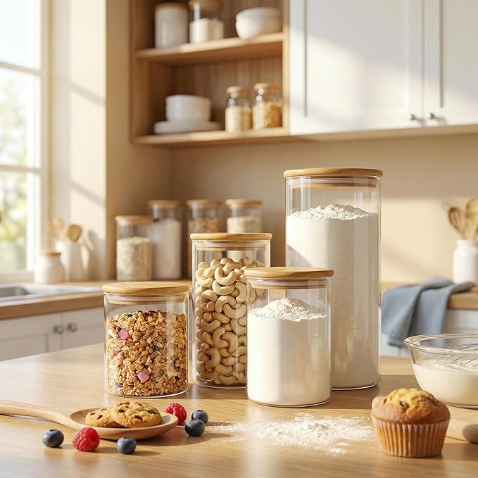 HomArtist Extra Large Glass Flour and Sugar Storage Containers with Airtight lid,105 floz x1 & 48 floz x1 [Set of 2] Big Glass Jars with Bamboo Lids, Air Tight Food Jar for Cereal, Pasta, Rice, Coffee
