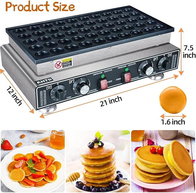 KHTD Mini Pancake Maker Machine, 50PCS Electric Nonstick Dutch Pancake Maker 110V 1600W, Commercial Muffin Maker with 2 Thermostats & 2 Timers Separate Control for Home Restaurant (12"D×21"W×7"H)