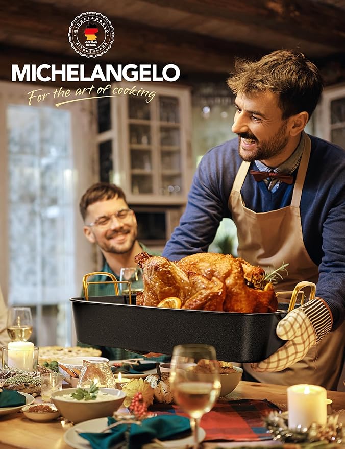 MICHELANGELO Roasting Pan with Rack, Carbon Steel Turkey Roasting Pan for Oven and Induction, Nonstick Turkey Roaster Pan with Stainless Steel Golden Rack & Golden Handle, 15 Inch x 11 Inch