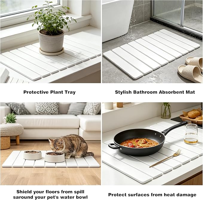 24"x16" Diatomaceous Earth Dish Drying Mat - Quick Dry Stone Pad, Collapsible White Mat with 10-Leaf Design for Granite Counters, Dishes, Cups & Bottles