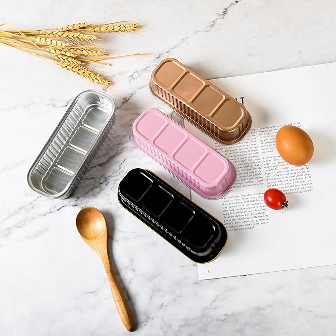 Findful Mini Loaf Baking Pans with Lids and Spoons (50 Pack, 6.8oz) Rectangle Aluminum Foil Baking Pans Tins Containers - Cupcake Containers Wrappers Cheesecake Creme Brulee Ramekins