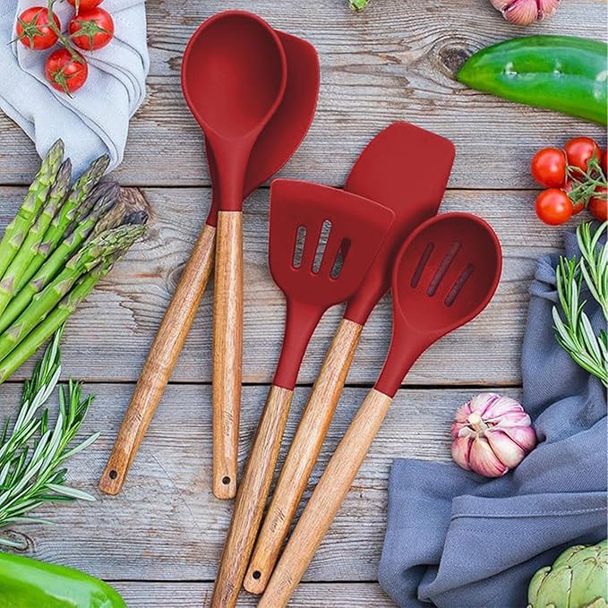 Kitchen Utensils Set, Silicone Cooking Utensils Set,Non-Stick Silicone Spatula Set with Natural Acacia Hard Wood Handle, 5 Piece, Upgraded Thickened Cookware