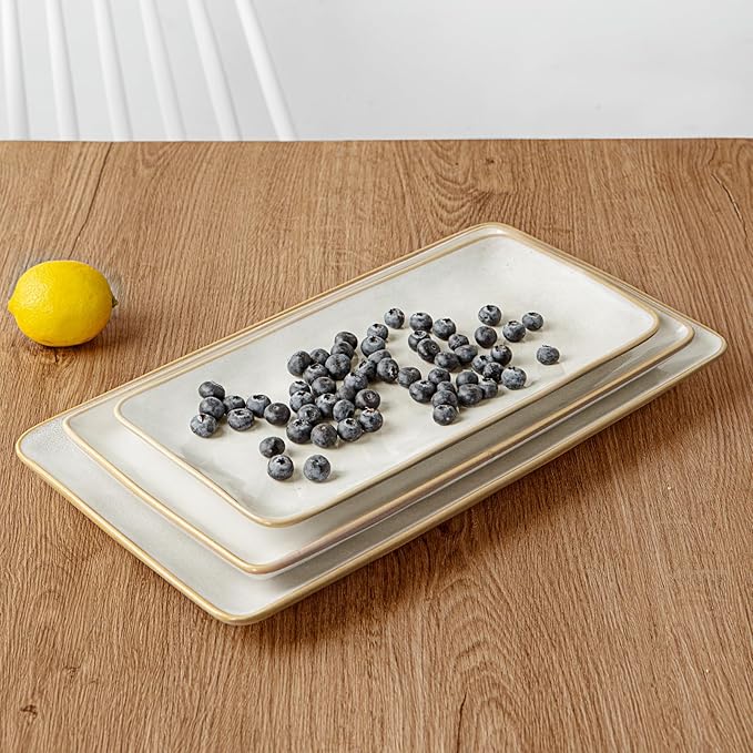 Famiware Serving Platter, Rectangular 15.67/14.1/12.6inch Serving Dishes for Entertaining, Microwave Dishwasher Safe, Stoneware Serving Trays for Party, Turkey, Cheese, Ocean Series, Cappuccino White