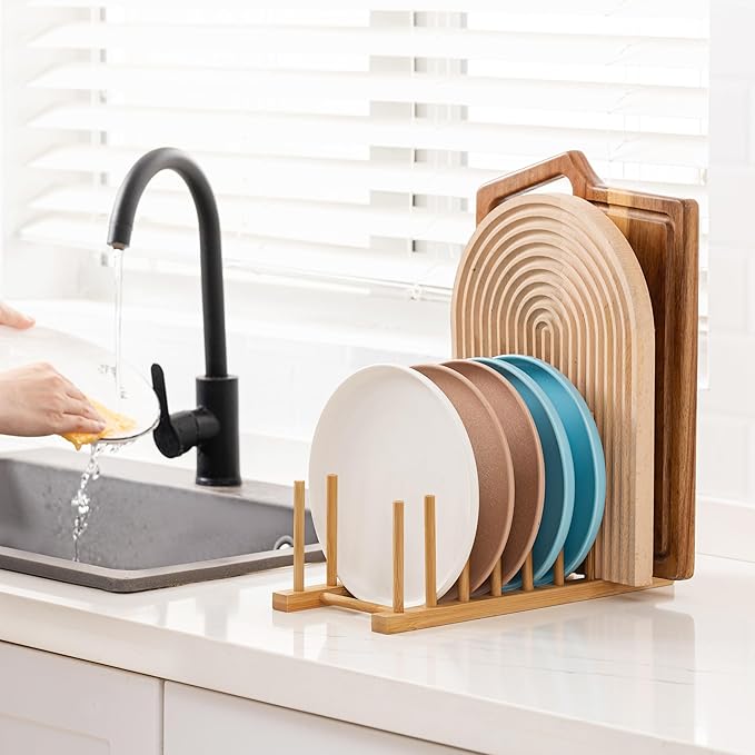 HBlife 2pcs Heighten and Widen Bamboo Dish Drying Rack Plate Bowl Cup Book Pot Lid Cutting Board Stand Drainer Storage Holder Organizer for Kitchen Cabinet