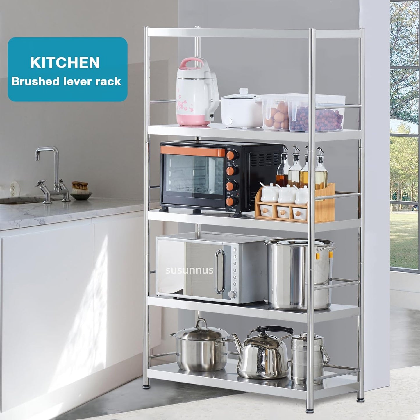 susunnus Stainless Steel Shelves 4 Tier Storage Shelves for Kitchen Garage Shelves Heavy Duty Shelving Metal Shelving Units and Storage Kitchen Industrial Storage Rack(with Guardrails)