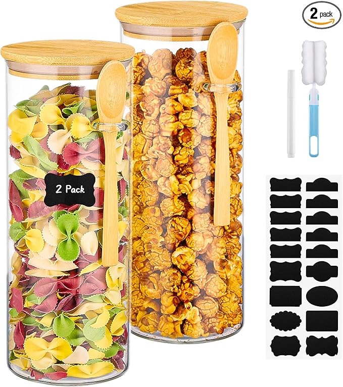 Glass Storage Jars with Lids - 2 Pack 54 Fl.oz Round Glass Pasta Containers with Airtight Bamboo Lids and Spoon, Includes Labels, Marker and Brush, Large Kitchen Jar for Cereal, Rice, Flour
