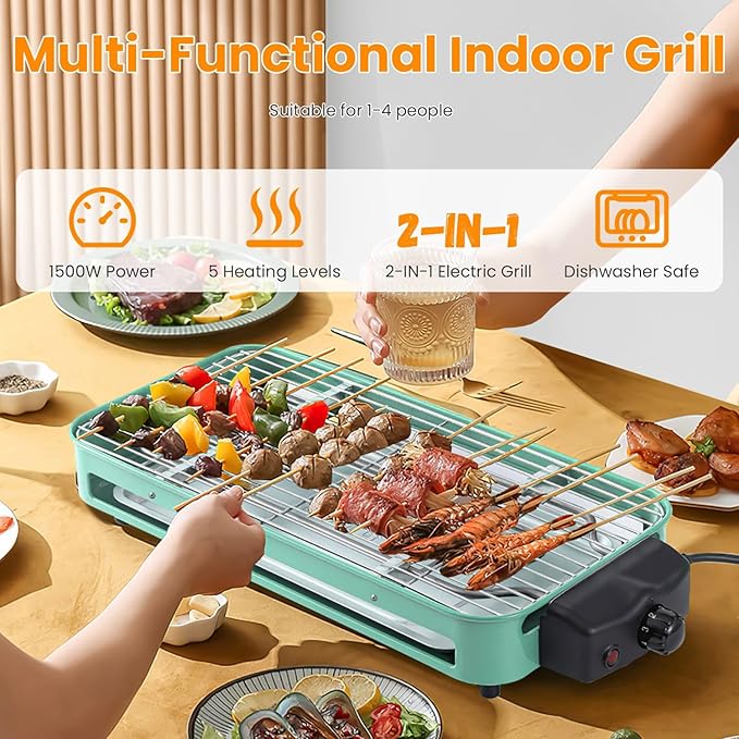 TeqHome 1500W Electric Indoor Grill,2 in 1 Smokeless Raclette Table Grill for Kitchen,Barbecue Korean BBQ Grill with Grill Net,Non-Stick Cooking Removable Plate & 5 Temperature Control，Dishwasher Safe
