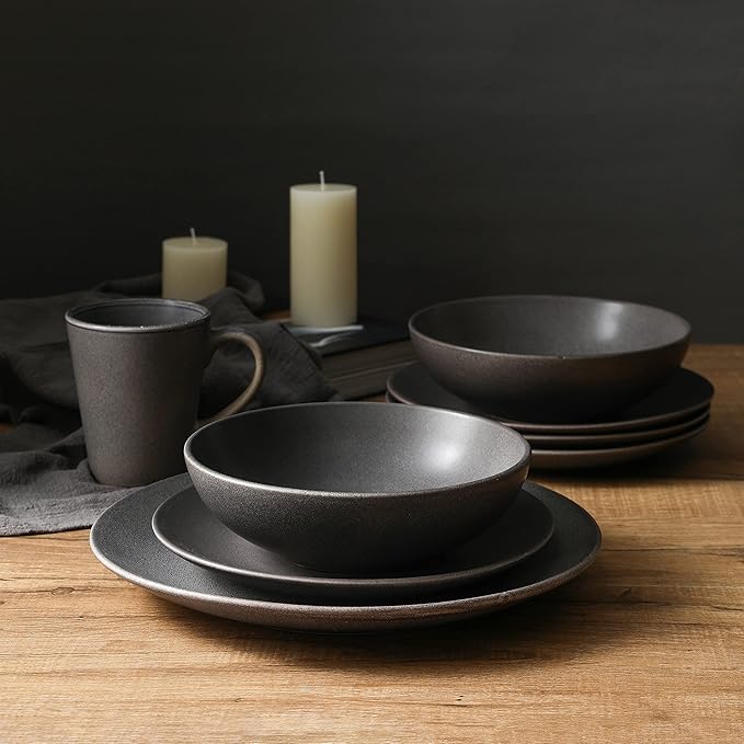 Stone Lain Grao Stoneware 16-Piece Dinnerware Set, Grey