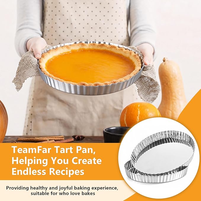 TeamFar Tart Pan, 9.5 Inch Stainless Steel Round Tart Pie Pan, Metal Quiche Baking Dish with Fluted Side for Baking Fruit Tarts, Quiches, Pies, Mousse Cakes, Heavy Duty & Dishwasher Safe