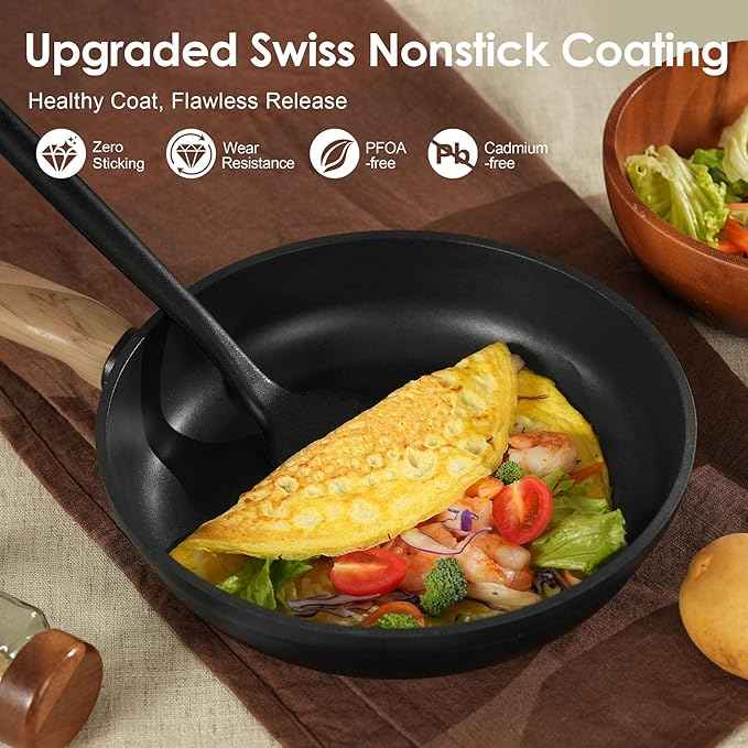 SENSARTE Nonstick Pots and Pans Set 17pcs, Healthy Induction Cookware Set, Kitchen Cooking Set with Skillets & Saucepans, Stay-cool Handles, Dishwasher Safe, PFOA PFOS Free, Matte Black
