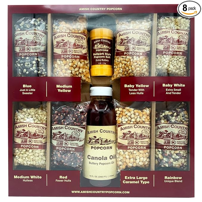Amish Country Popcorn | 8-4 oz Bags | Stovetop Popping Sampler Pack with Canola Oil and BallPark ButterSalt | Old Fashioned, Non-GMO and Gluten Free (Stovetop Sampler - 8-4 oz Bags)