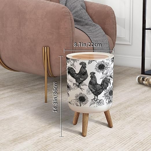 Trash Can with Lid Detailed Rooster Sunflower Black White Press Top Round Small Garbage Bin with Wooden Legs Waste Basket for Kitchen Bedroom Nursery 7L/1.8 Gallon
