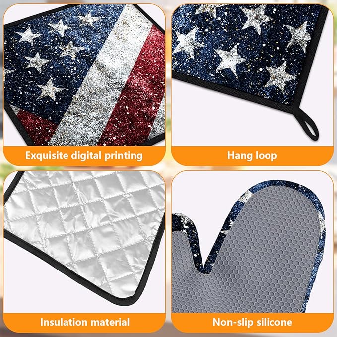 American Flag Oven Mitts and Pot Holders Sets 4Pcs Silicone Non-Slip Mitts Heat Resistant Gloves Hot Pads for Kitchen Cooking Baking Grilling BBQ
