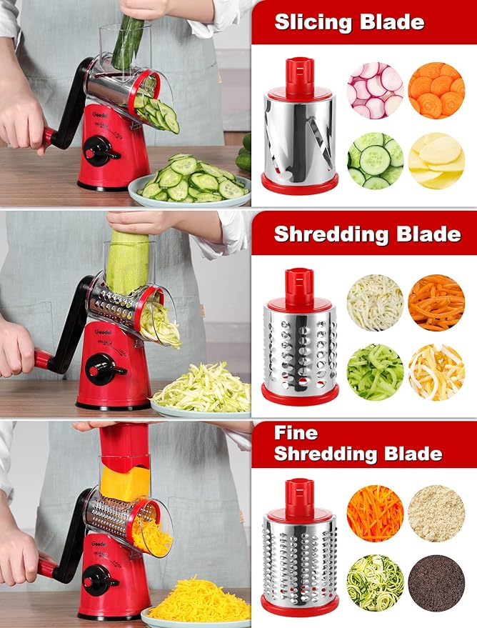 Geedel Rotary Cheese Grater Cheese Shredder with 5 Interchangeable Blades - Upgraded Rotary Grater Featuring Strong Suction Base for Cheese Shredding, Wavy Slicing, Nut Grinding, and Ice Shaving