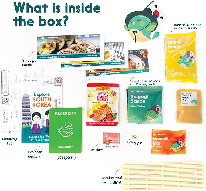 eat2explore Cooking Kits for Kids 14 Pcs – Interactive & Educational Kids Cooking Sets Real for Ages 5 and Up,3 Recipe Cards & Global Ingredients – Perfect for Families and Homeschooling (South Korea)