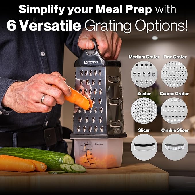 Lantana Cheese Grater for Kitchen with Container & Lid - Handheld Stainless Steel Box Food Shredder with Handle and 6 Essential Functions for Coarse, Medium, Fine, or Micro Grating/Shredding/Zesting