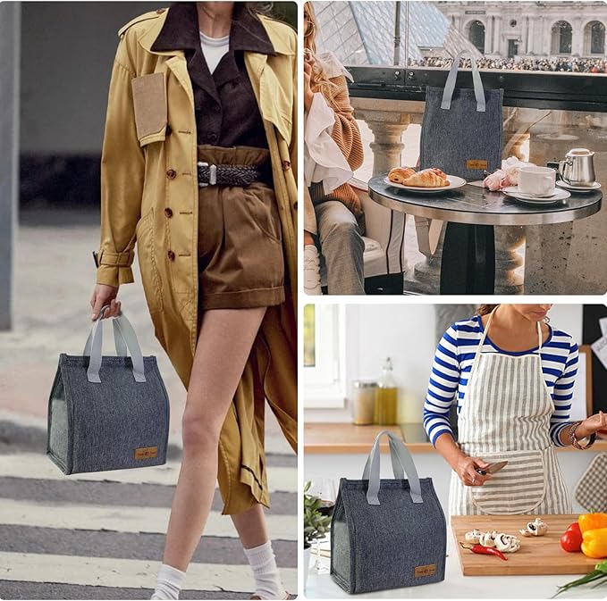 Mziart Minimalist Lunch Bag, Reusable Insulated Bag for Women Men Box Container Leakproof Simple Bento Tote Adults Cooler Work Office Picnic or Travel (Grey) M23HK-LB-005-JJ