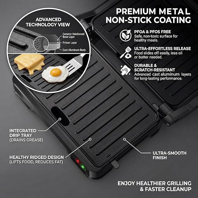 KEINVE Panini Press Grill & Sandwich Maker - 2-Slice, 180° Adjustable Hinge, 850W Electric Grill Non-Stick Cast Aluminum Plates for Panini, Steak, Bread & More, Easy to Clean, Perfect for Kitchen