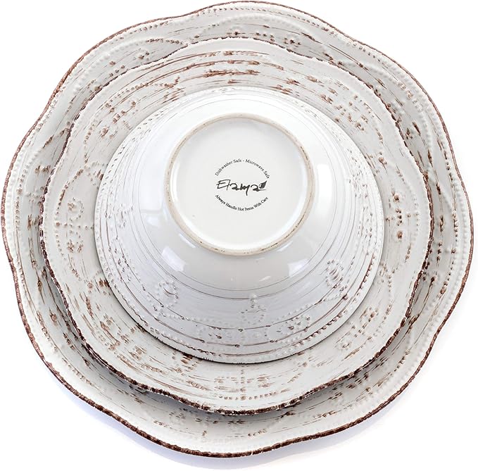 Elama Rustic Birch 16 Piece Embossed Scalloped Stoneware Round Dinnerware Set in White with Brown Accents
