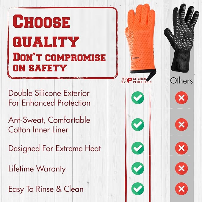 KITCHEN PERFECTION XL Silicone Oven & Griddle Gloves -Extreme Heat Resistant BBQ & Grilling Gloves -Handle Hot Food Right on Your Griddle |Waterproof Oven Mitts Grill Gloves |Superior Set+3 Bonuses
