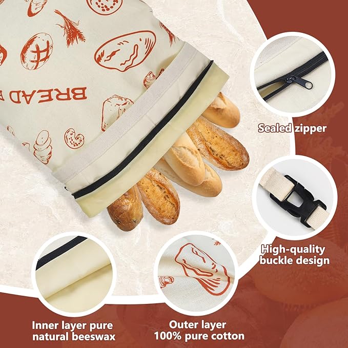 Reusable Beeswax Bread Bags for Homemade Bread, 2 Pack XL 17x13 Inch – Natural Cotton Linen Sourdough Storage Bags-Only One Bag Had Zipper