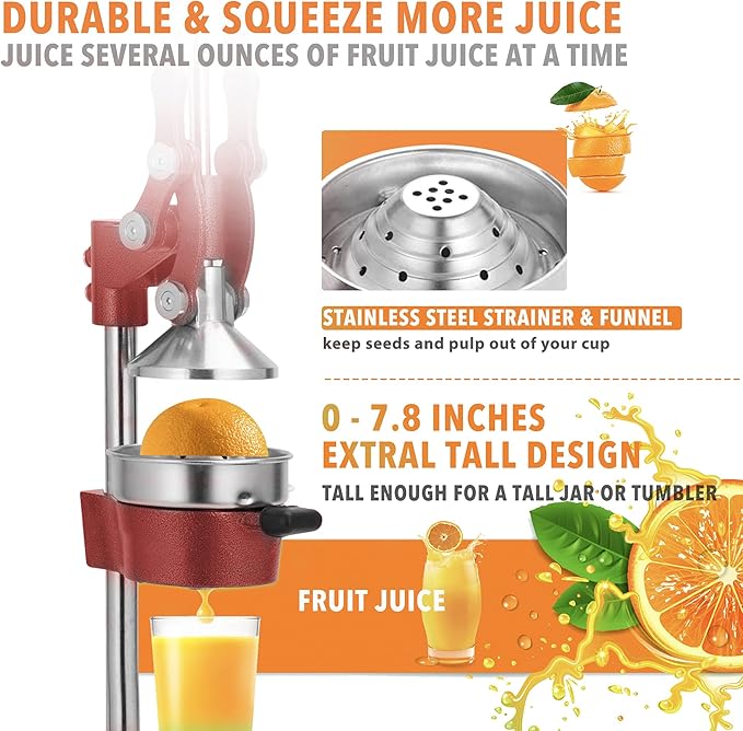 19 Inch Height Extra Tall Commercial Heavy Duty Cast Iron Hand Press Manual Orange Citrus Lemon Lime Grapefruit Pomegranate Fruit Juice Squeezer Machine with Stainless Steel Cup Red