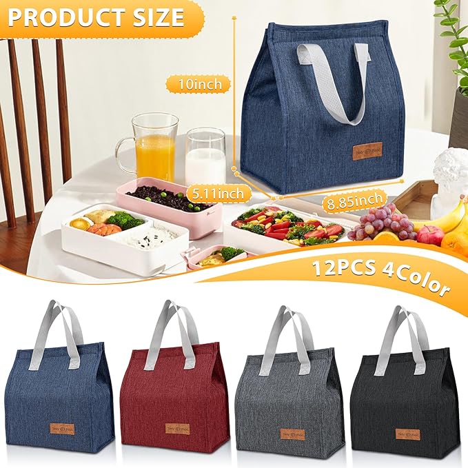 VZZNN 12 Pack Lunch Bags Bulk,Insulated Reusable Lunch Bags with Aluminum for Women Men,Leakproof Tote Large Lunch Box for Office,Work,Beach or Travel,multicolor