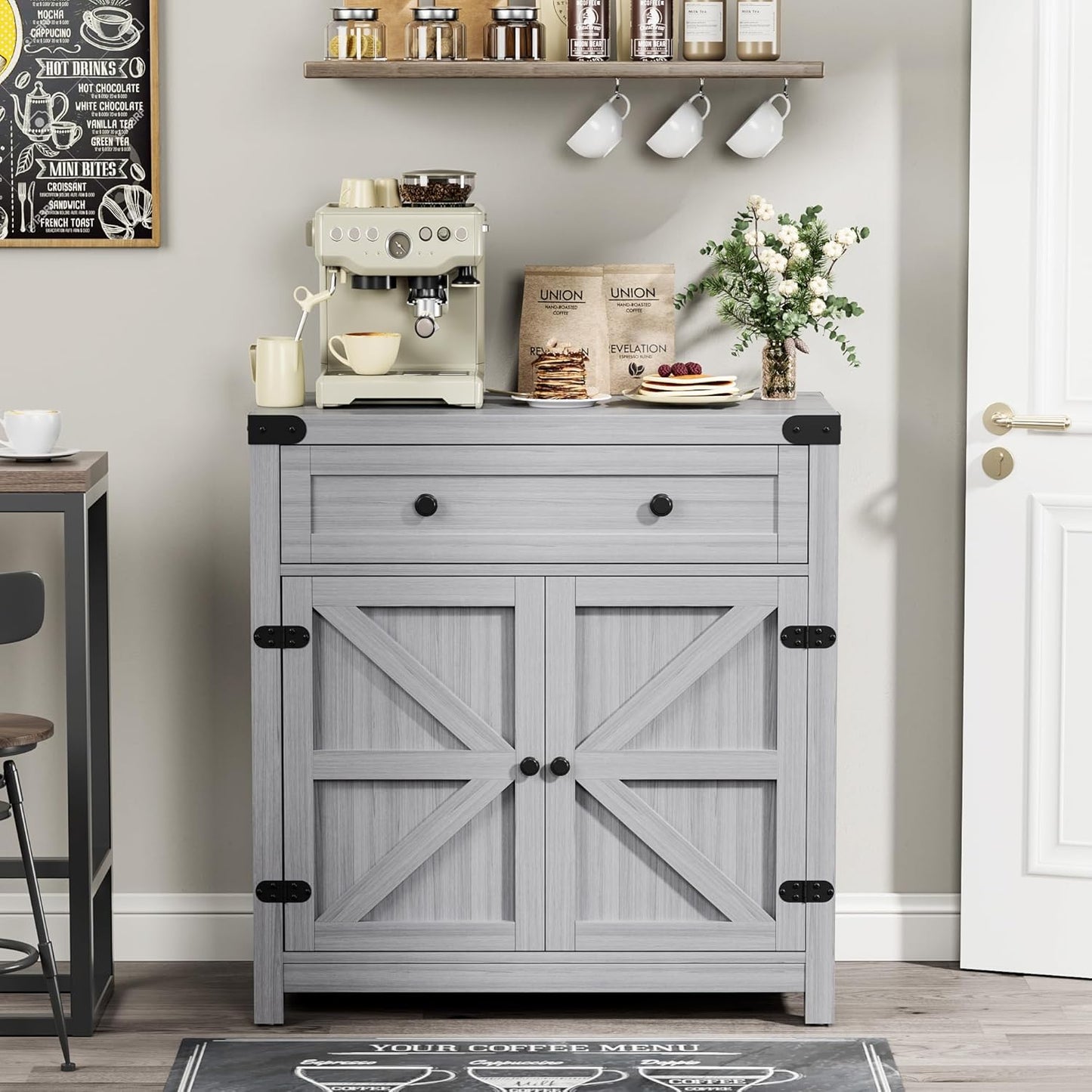 YESHOMY Farmhouse Coffee Bar Cabinet Sideboards, with Barn Doors, Spacious Drawer, Adjustable Interior Shelf, Generous Top Surface, for Kitchen, Bathroom, Entryway, Living Room, Pure Gray