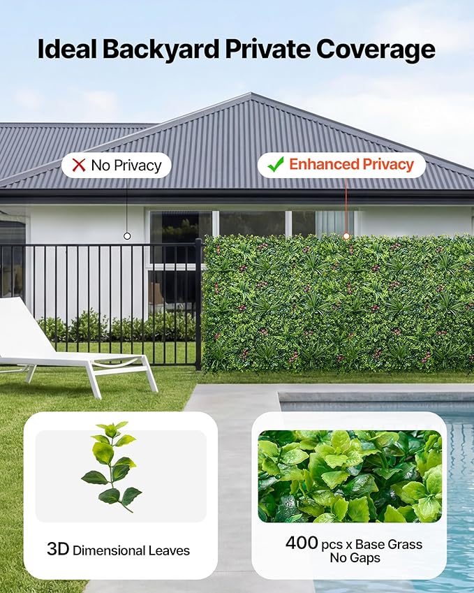 VEVOR Artificial Plant Wall, 16PCS 20 x 20 in Artificial Boxwood Panels, Greenery Backdrop Privacy Hedge Fence with Sun Protection, Fake Grass Wall Screen for Wedding, Indoor, Outdoor GardenMixed Leaf