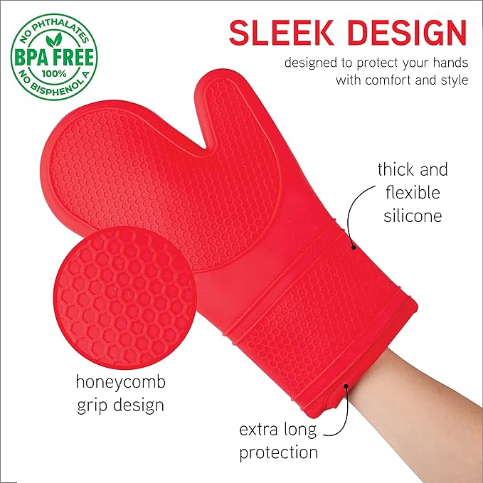 COOK WITH COLOR Silicone Oven Mitts- Heat Resistant Gloves with Soft Quilted Lining Oven Mitt Pot Holders for Cooking and BBQ, Red, Mitt Set